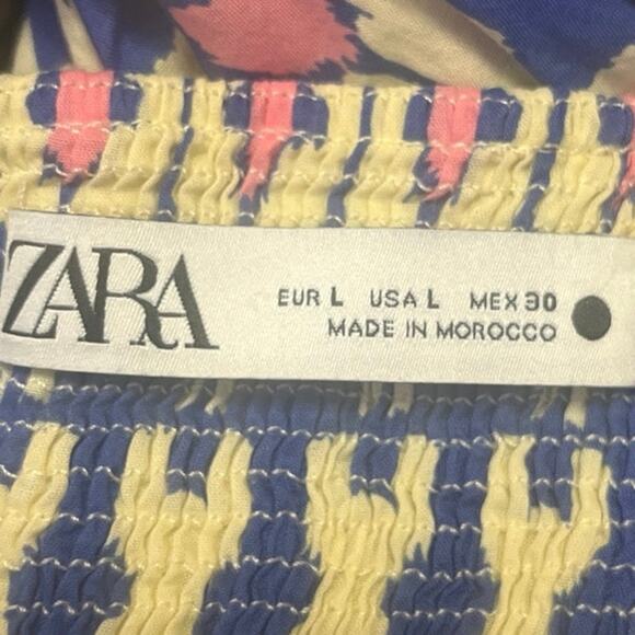 Zara Blue White Printed Short Puff Sleeve Smocked V-Neck Midi A-line Dress Sz L - Picture 7 of 8